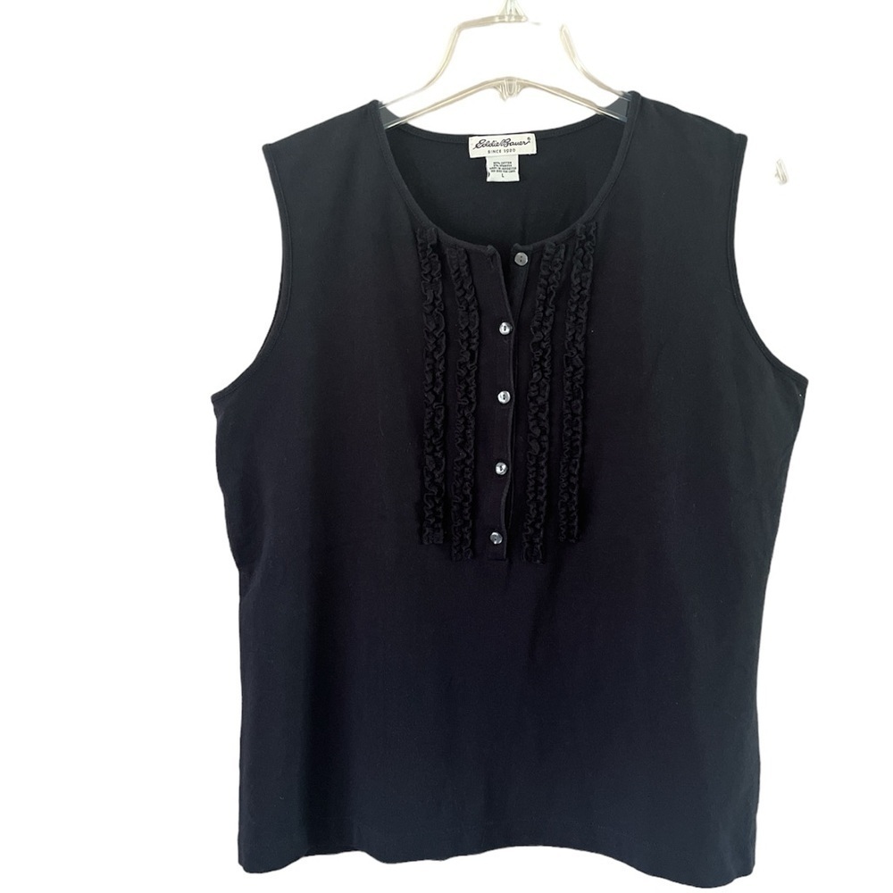 Eddie Bauer Sleeveless Ruffled Button-down Knit Top Size Large Black